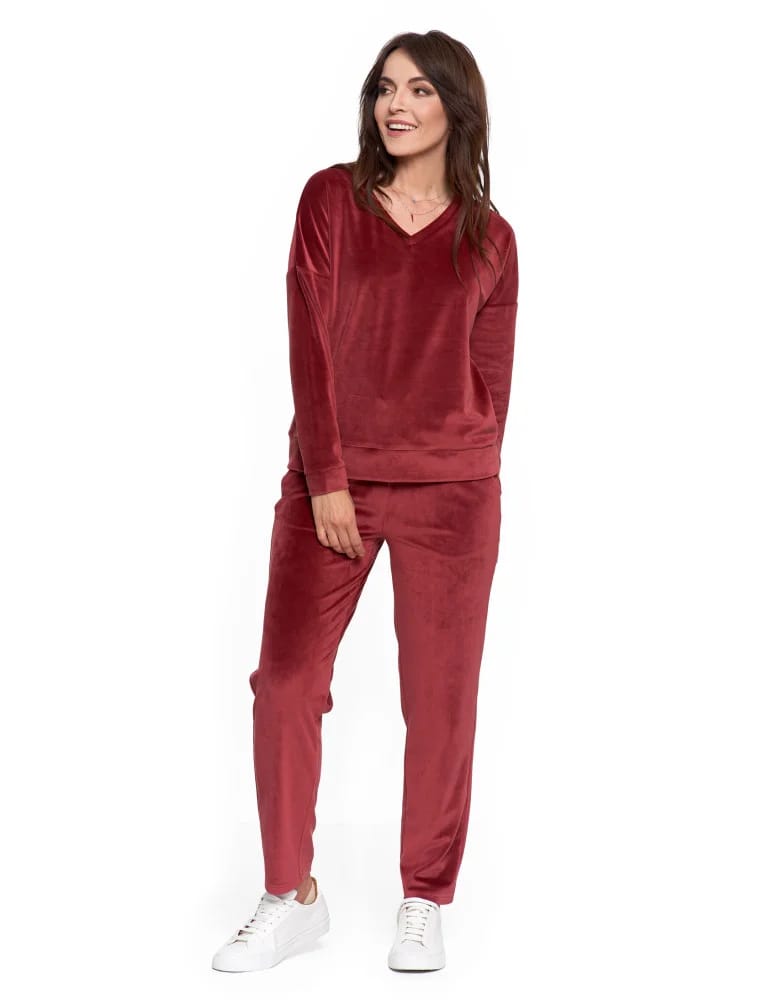 Bluzy damskie - Bluza damska welurowa klasyczna z dekoltem V BORDOWY - produkt moraj.pl 10