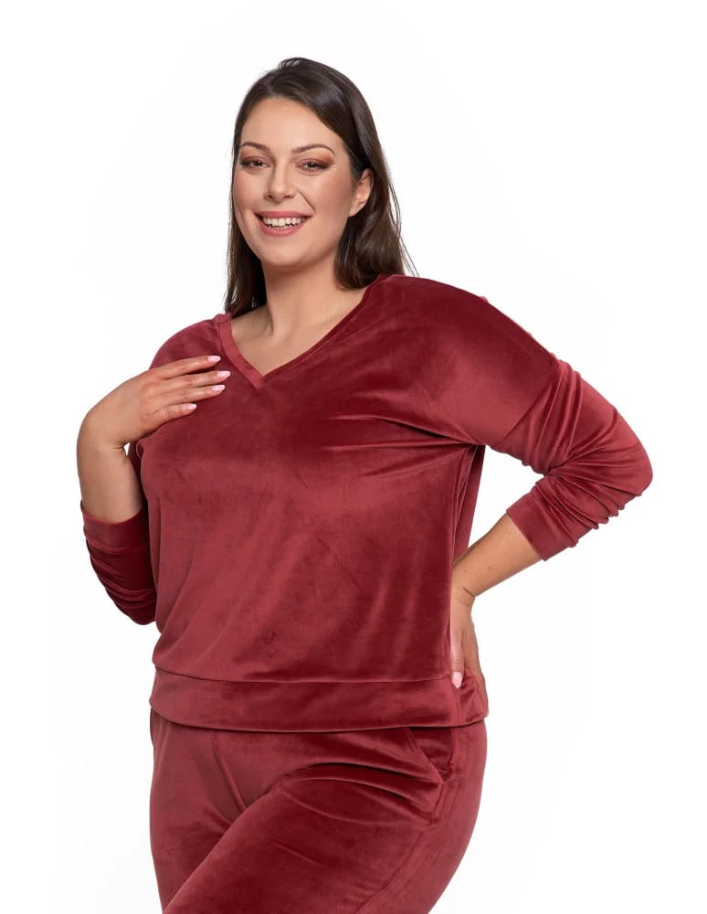 Bluzy damskie - Bluza damska welurowa klasyczna z dekoltem V BORDOWY - produkt moraj.pl 12