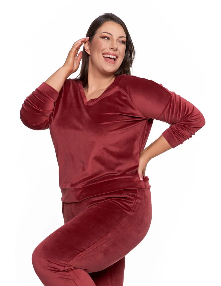 Bluzy damskie - Bluza damska welurowa klasyczna z dekoltem V BORDOWY - produkt moraj.pl 14