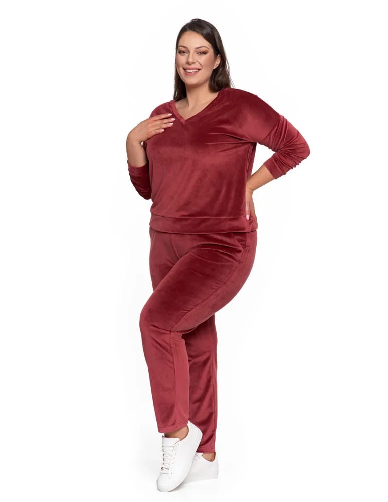 Bluzy damskie - Bluza damska welurowa klasyczna z dekoltem V BORDOWY - produkt moraj.pl 15