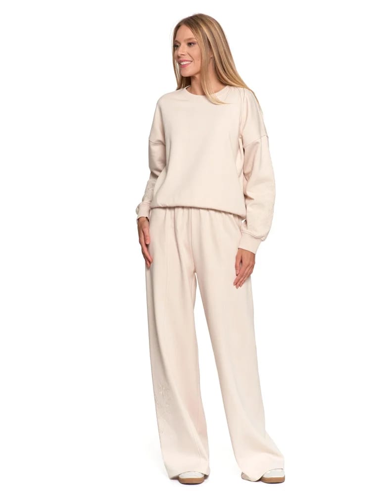 Bluzy damskie - Bluza dresowa damska ocieplana luźna z haftowanymi rękawami KREMOWY - produkt moraj.pl 2