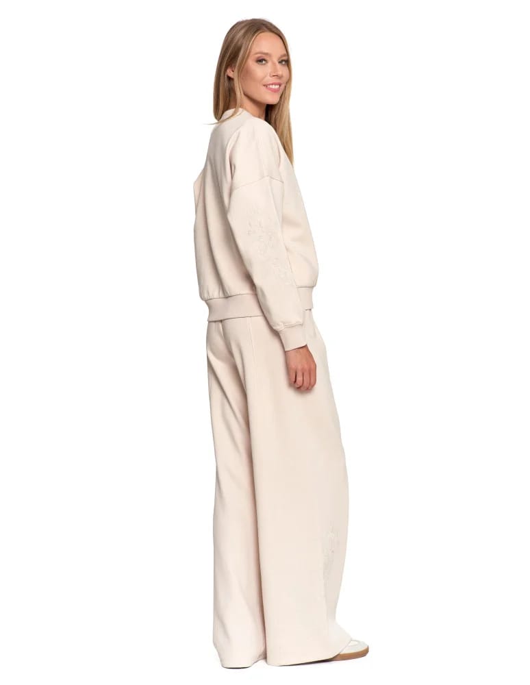 Bluzy damskie - Bluza dresowa damska ocieplana luźna z haftowanymi rękawami KREMOWY - produkt moraj.pl 4