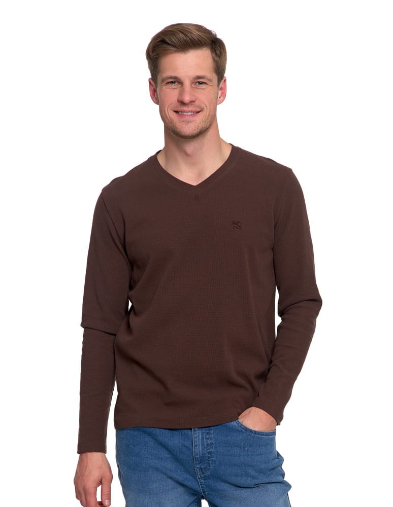 Koszulka męska longsleeve z dekoltem w serek i haftem BRĄZOWY