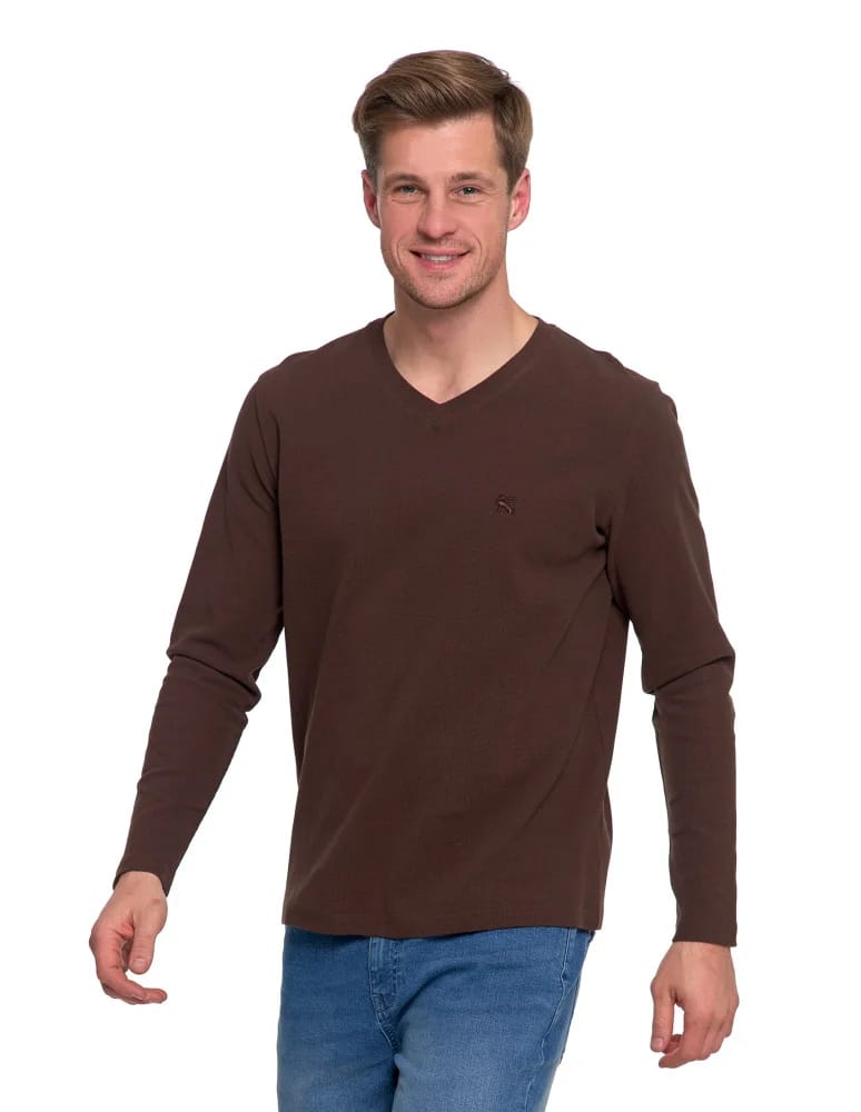 Koszulki i Tank Topy - Koszulka męska longsleeve z dekoltem w serek i haftem BRĄZOWY - produkt moraj.pl 4