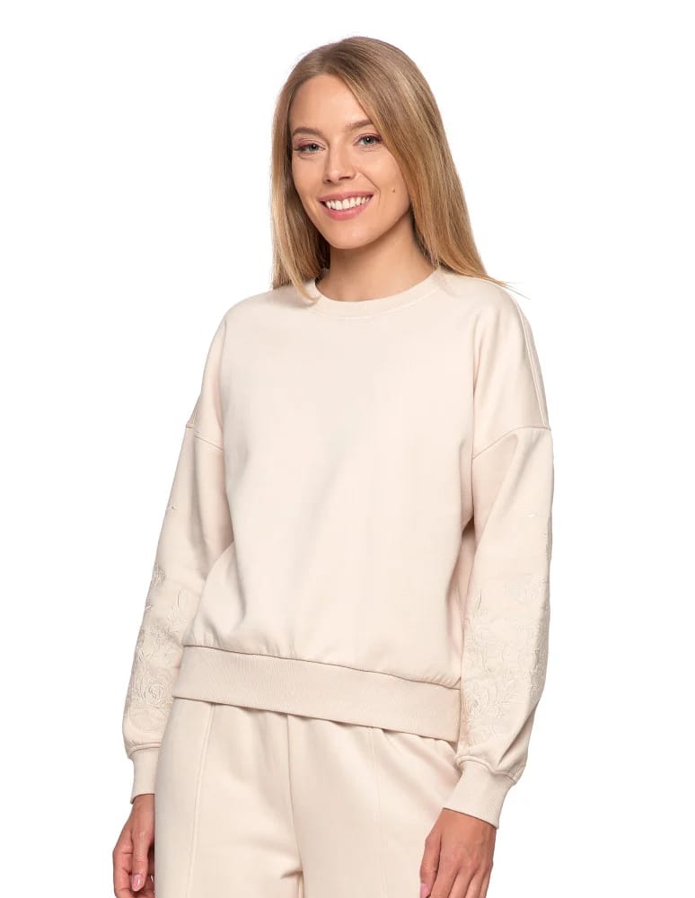 Bluzy damskie - Bluza dresowa damska ocieplana luźna z haftowanymi rękawami KREMOWY - produkt moraj.pl 5