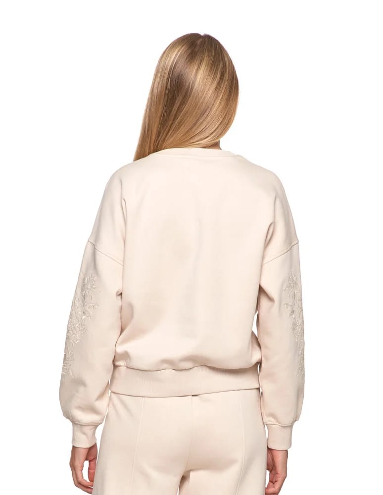 Bluzy damskie - Bluza dresowa damska ocieplana luźna z haftowanymi rękawami KREMOWY - produkt moraj.pl 6