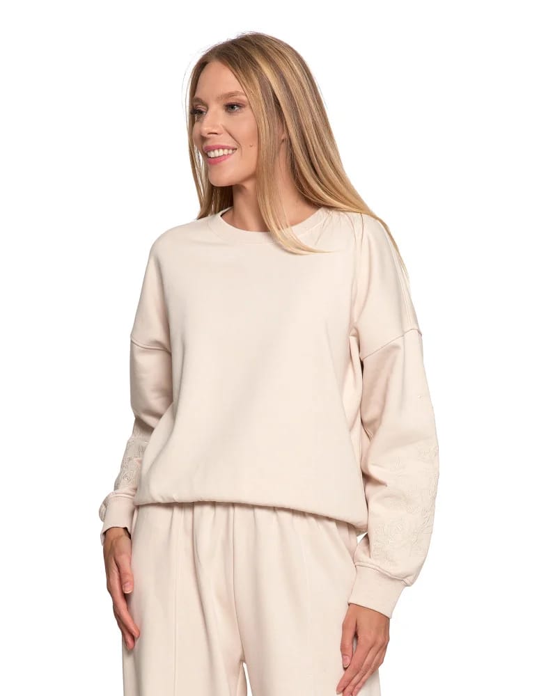 Bluzy damskie - Bluza dresowa damska ocieplana luźna z haftowanymi rękawami KREMOWY - produkt moraj.pl 8