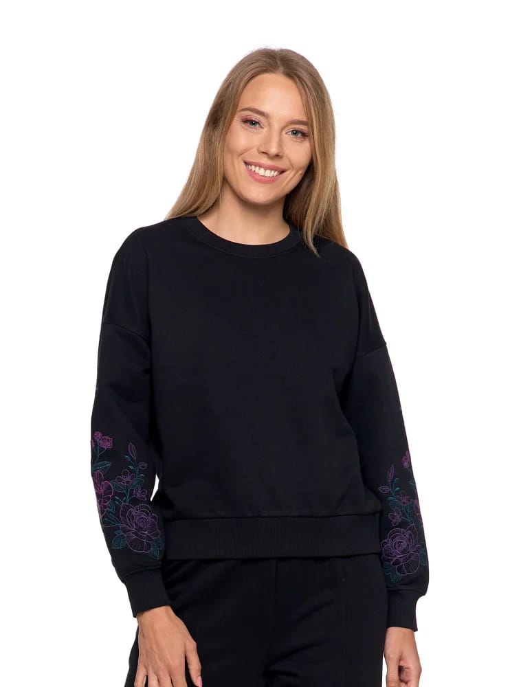 Bluzy damskie - Bluza dresowa damska ocieplana luźna z haftowanymi rękawami CZARNY - produkt moraj.pl 5