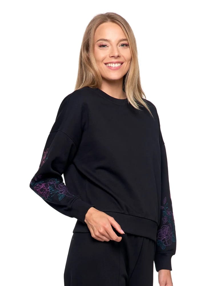 Bluzy damskie - Bluza dresowa damska ocieplana luźna z haftowanymi rękawami CZARNY - produkt moraj.pl 9