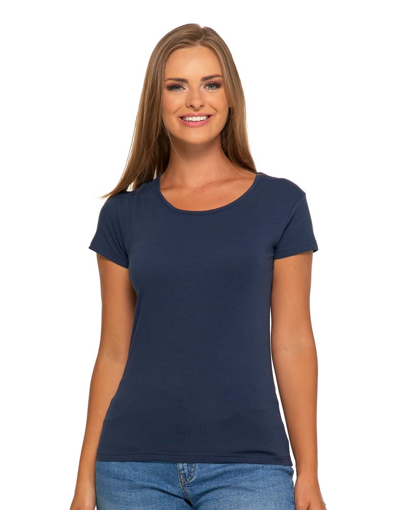 Koszulki i T-shirty - T-shirt damski bawełniany z kr&oacute;tkim rękawkiem jednokolorowy GRANATOWY  - produkt moraj.pl 3