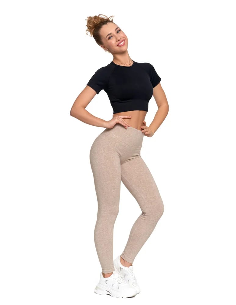 Legginsy damskie - Legginsy damskie ocieplane z wysokim stanem i szerokim pasem BEŻOWY - produkt moraj.pl 11