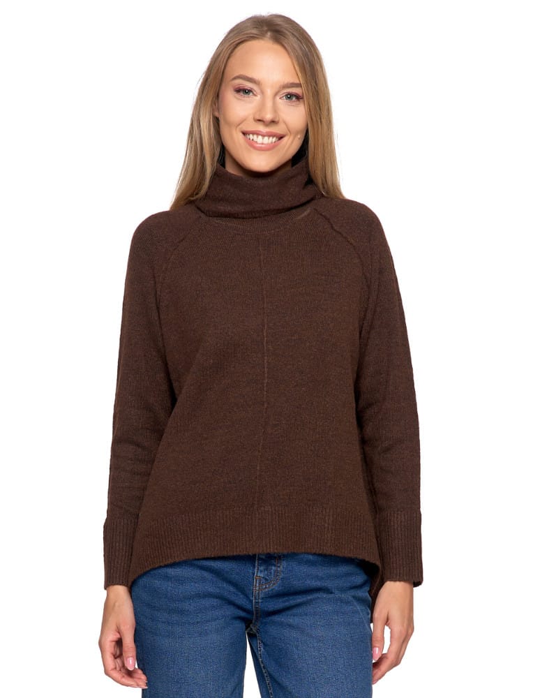 Swetry i kardigany - Sweter damski z golfem i wydłużonym tyłem BRĄZOWY - produkt moraj.pl 1