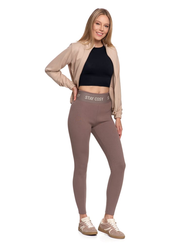 Legginsy damskie ocieplane w prążek wysoki stan MOKKA