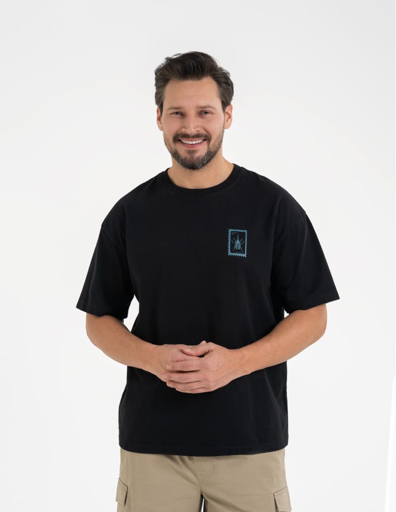 T-shirty basic - T-shirt męski luźny bawełniany z minimalistycznym nadrukiem CZARNY  - produkt moraj.pl 3