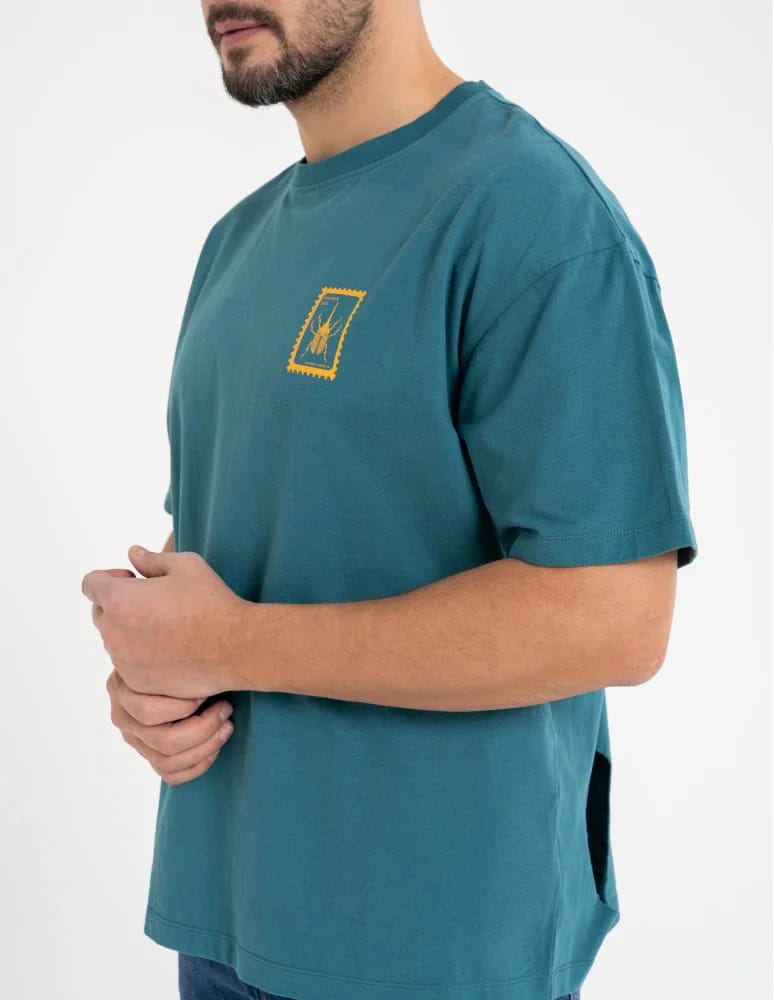 T-shirty basic - T-shirt męski luźny bawełniany z minimalistycznym nadrukiem NIEBIESKI - produkt moraj.pl 4