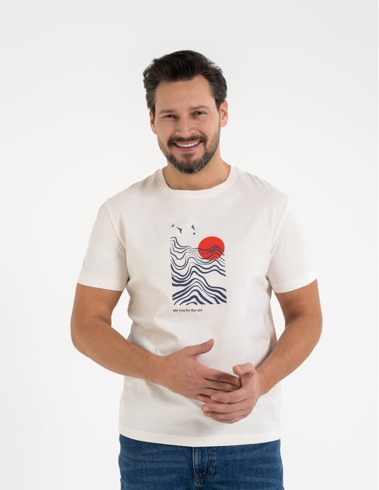 Koszulki z krótkim rękawem - T-shirt męski bawełniany z nadmorskim motywem BIAŁY - produkt moraj.pl 1