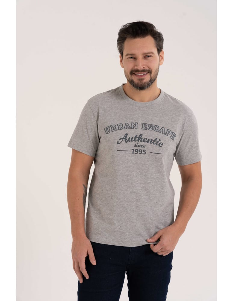 Koszulka męska bawełniana T-shirt z nadrukiem i krótkim rękawem SZARY MELANŻ