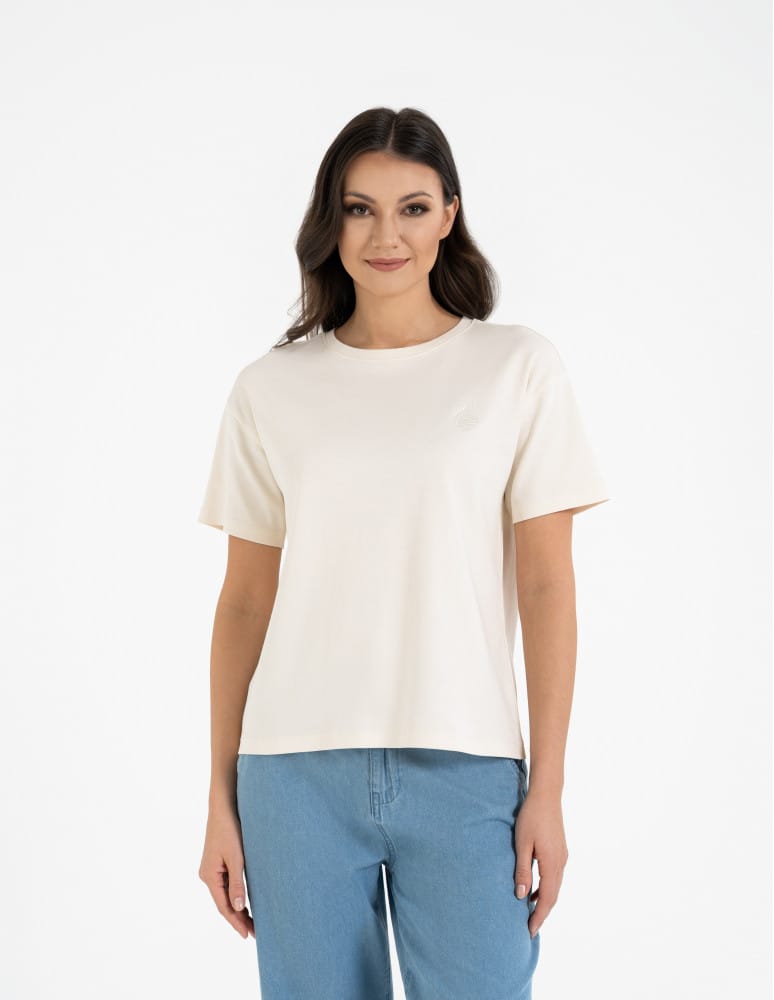 Koszulki i T-shirty - T-shirt damski luźny z haftowanym wzorem KREMOWY - produkt moraj.pl 1
