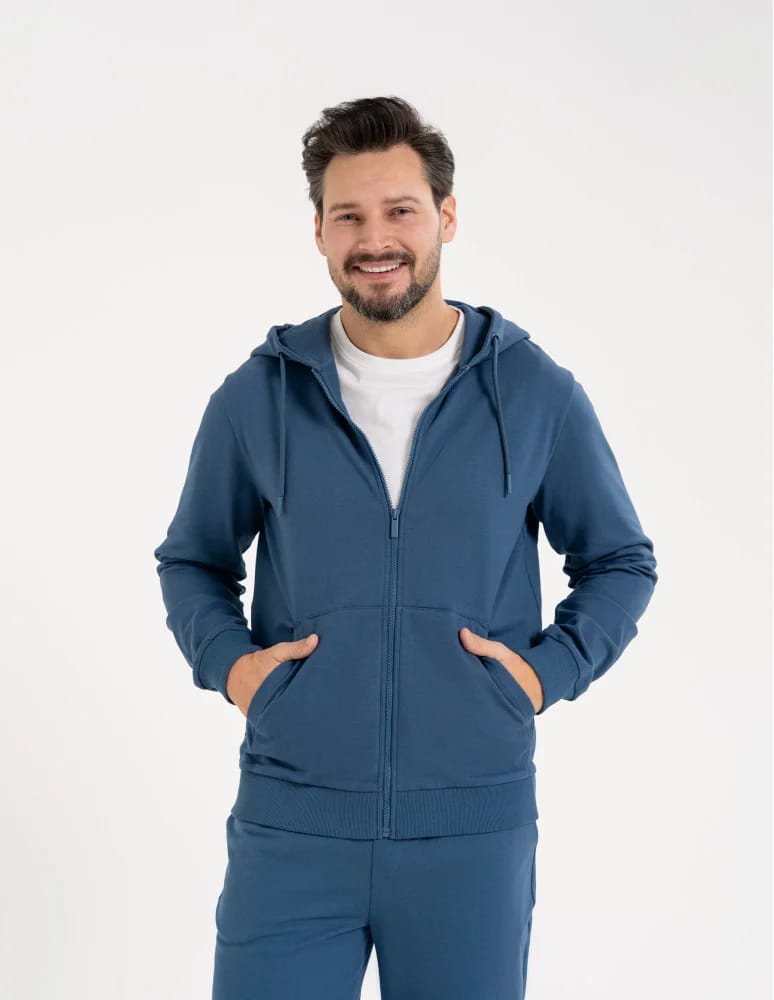 Bluzy dresowe - Bluza męska rozpinana gładka bawełniana z kieszeniami NIEBIESKI  - produkt moraj.pl 2