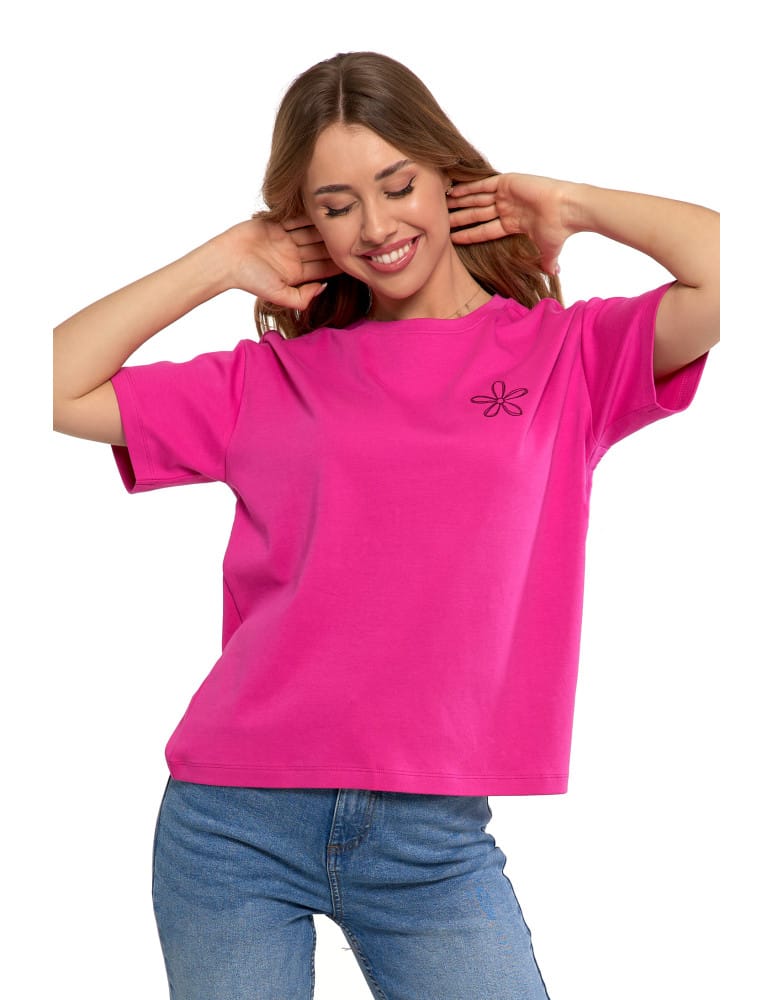 Koszulki i T-shirty - T-shirt damski luźny z haftowanym wzorem FUKSJA  - produkt moraj.pl 2