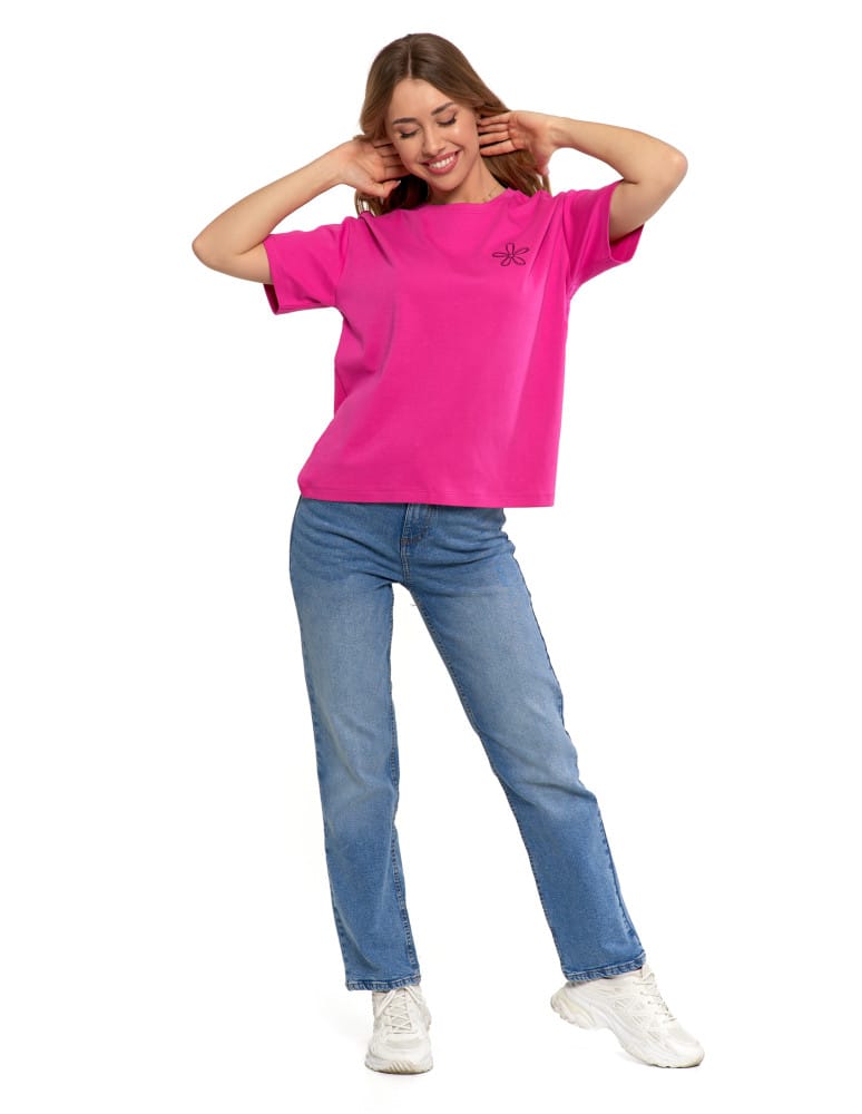 Koszulki i T-shirty - T-shirt damski luźny z haftowanym wzorem FUKSJA  - produkt moraj.pl 3