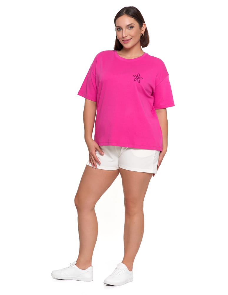 Koszulki i T-shirty - T-shirt damski luźny z haftowanym wzorem FUKSJA  - produkt moraj.pl 4