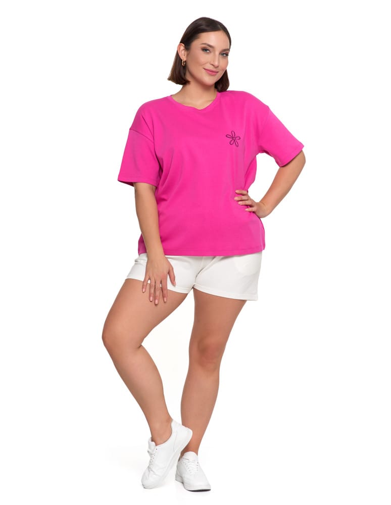Koszulki i T-shirty - T-shirt damski luźny z haftowanym wzorem FUKSJA  - produkt moraj.pl 6