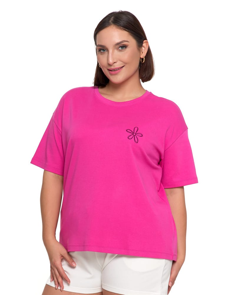 Koszulki i T-shirty - T-shirt damski luźny z haftowanym wzorem FUKSJA  - produkt moraj.pl 8