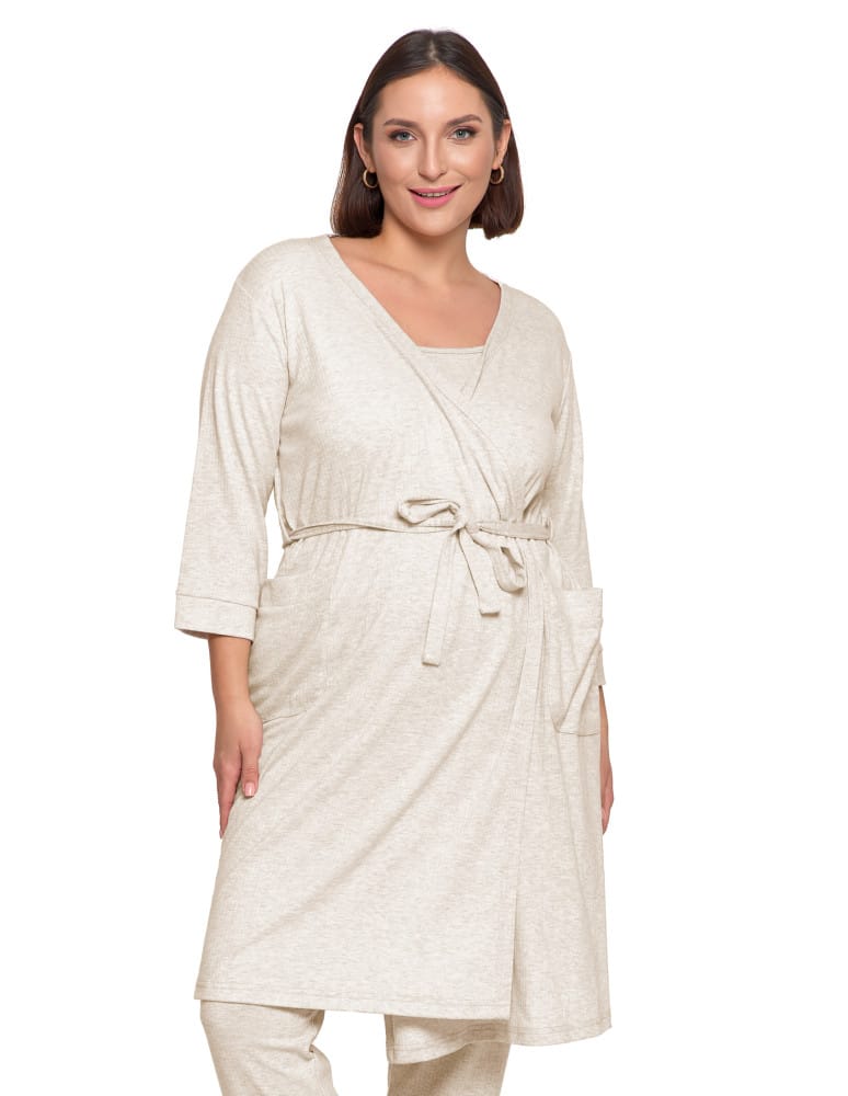 Szlafroki cienkie - Krótki szlafrok damski Plus Size z prążkowanej dzianiny BEŻOWY - produkt moraj.pl 1