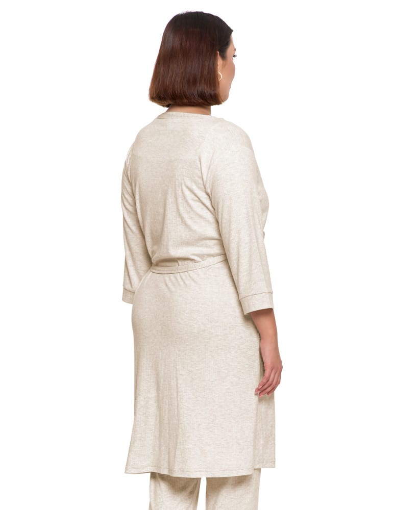 Szlafroki cienkie - Krótki szlafrok damski Plus Size z prążkowanej dzianiny BEŻOWY  - produkt moraj.pl 3