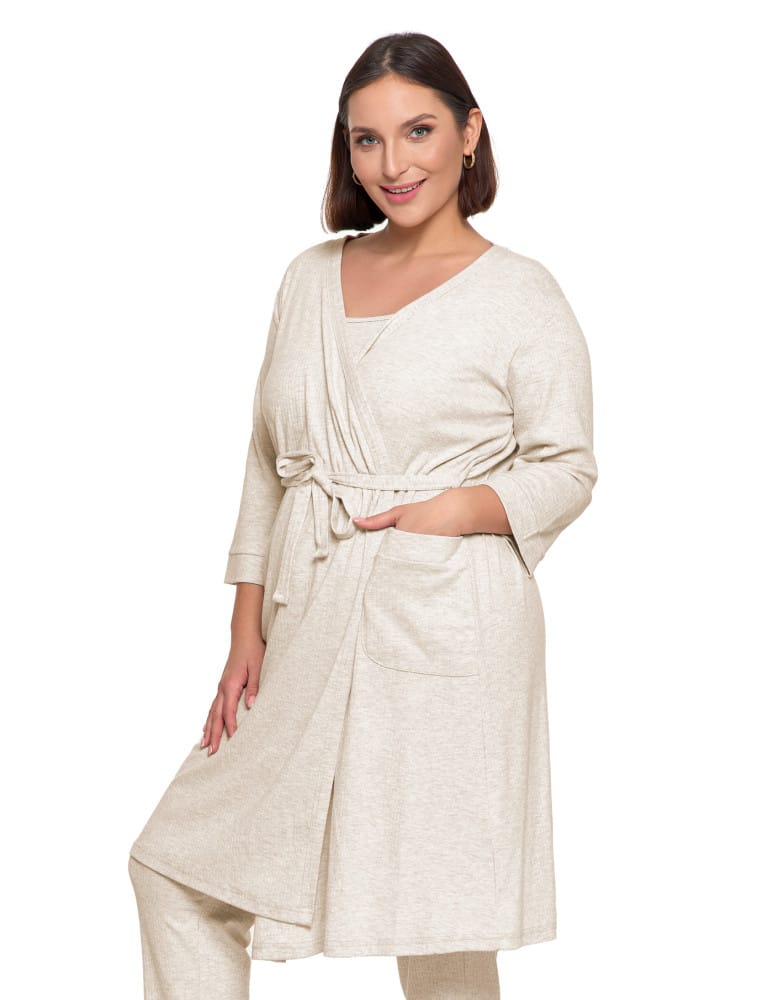 Szlafroki cienkie - Krótki szlafrok damski Plus Size z prążkowanej dzianiny BEŻOWY  - produkt moraj.pl 4