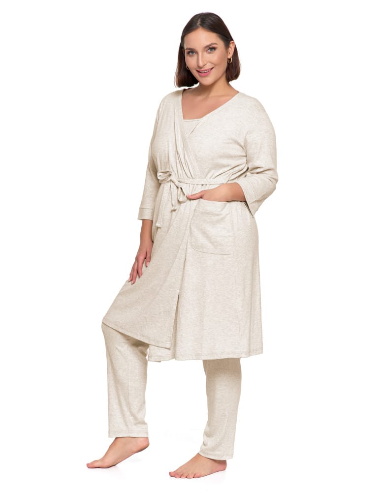 Szlafroki cienkie - Krótki szlafrok damski Plus Size z prążkowanej dzianiny BEŻOWY  - produkt moraj.pl 5