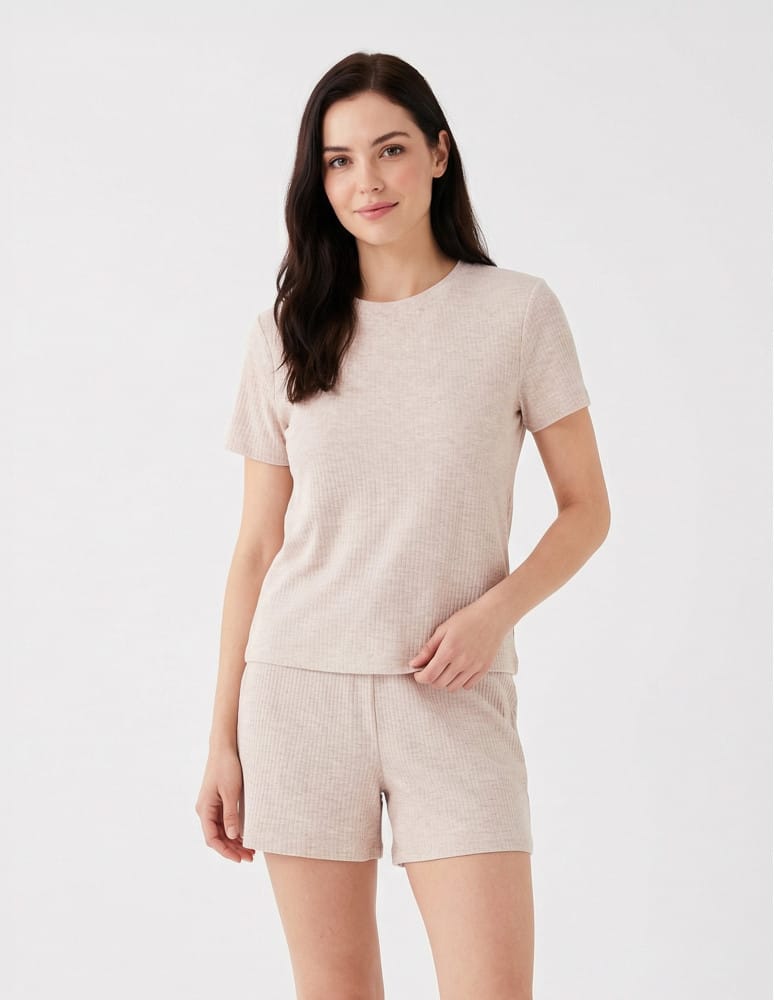 Piżamy z krótkim rękawem - Piżama damska w prążek z krótkim rękawem i szortami Plus Size MOKKA - produkt moraj.pl 1
