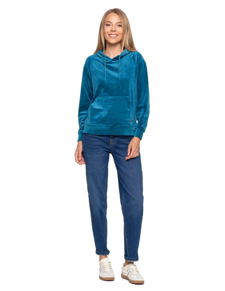 Bluzy damskie - Damska welurowa bluza z kapturem ZIELONY - produkt moraj.pl 1