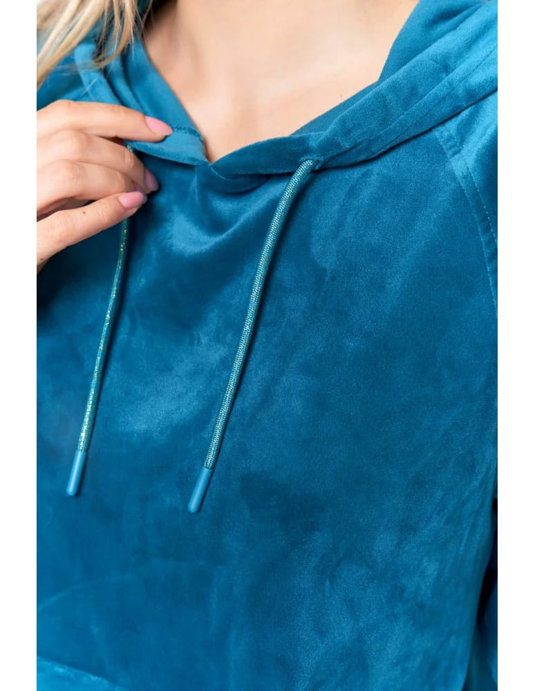 Bluzy damskie - Damska welurowa bluza z kapturem ZIELONY  - produkt moraj.pl 3