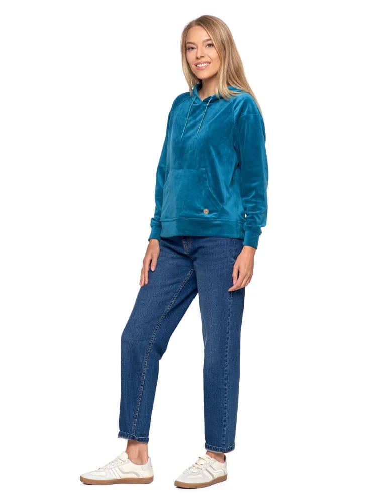 Bluzy damskie - Damska welurowa bluza z kapturem ZIELONY  - produkt moraj.pl 5