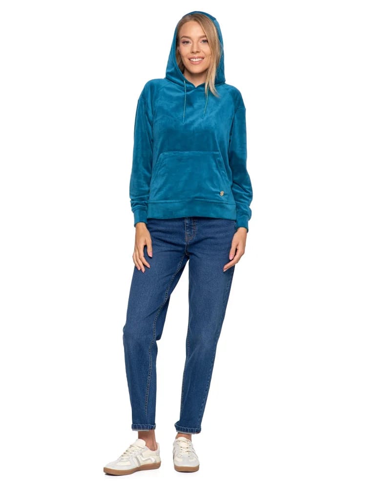 Bluzy damskie - Damska welurowa bluza z kapturem ZIELONY  - produkt moraj.pl 7
