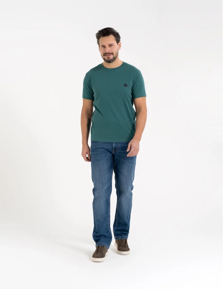 Koszulki z krótkim rękawem - T-shirt męski bawełniany regularny krój z gumową naszywką CIEMNY ZIELONY - produkt moraj.pl 6