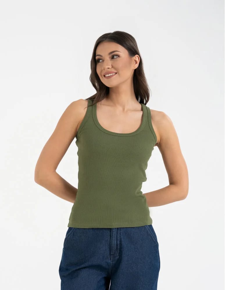 Topy na ramiączkach - Damska koszulka tank top w prążek bawełniana KHAKI  - produkt moraj.pl 5