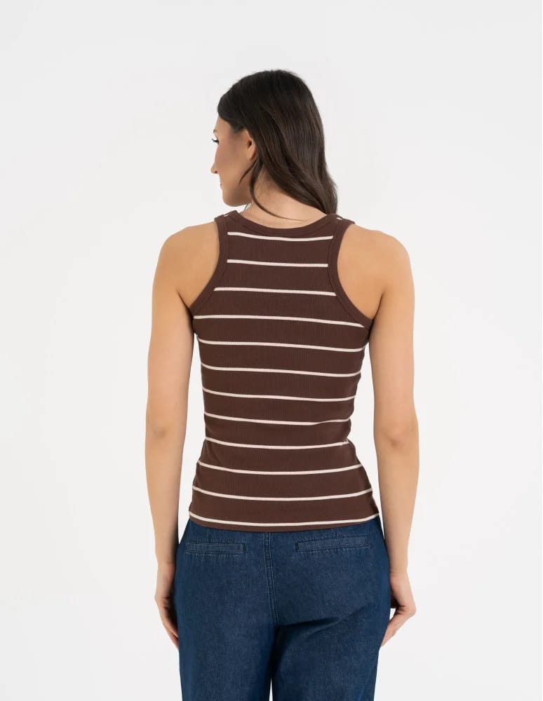 Topy na ramiączkach - Damska koszulka tank top w prążek bawełniana BRĄZOWY  - produkt moraj.pl 2