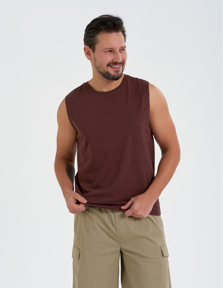 Koszulka męska tank top bez rękawów luźna BRĄZOWY