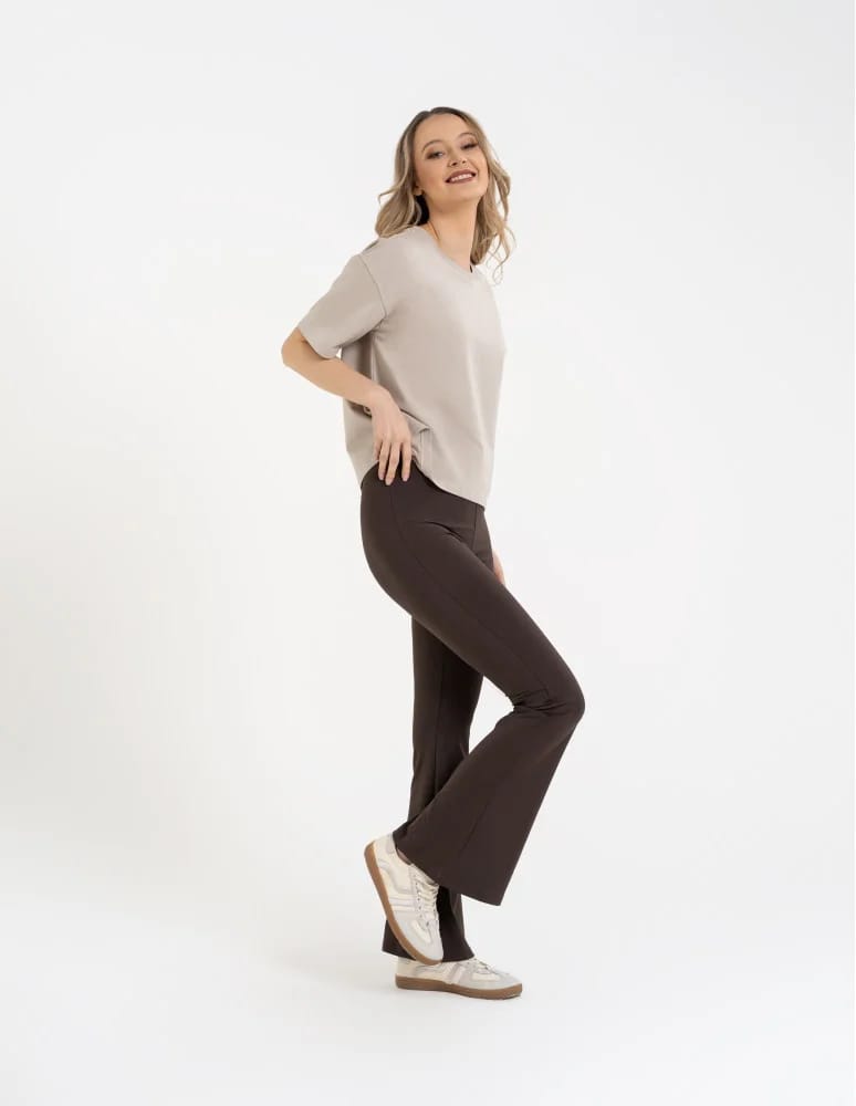 Legginsy z wysokim stanem - Legginsy dzwony damskie wysoki stan z rozszerzaną nogawką BRĄZOWY - produkt moraj.pl 5