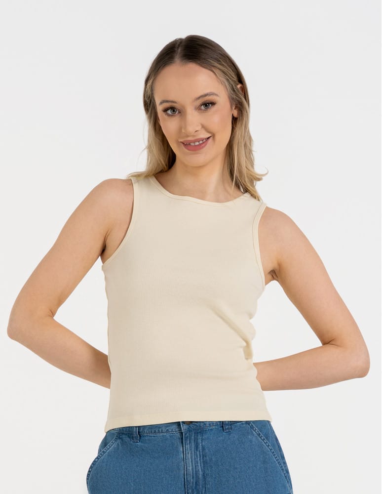 Topy na ramiączkach - Damska koszulka Tank Top w prążek BEŻOWY - produkt moraj.pl 1