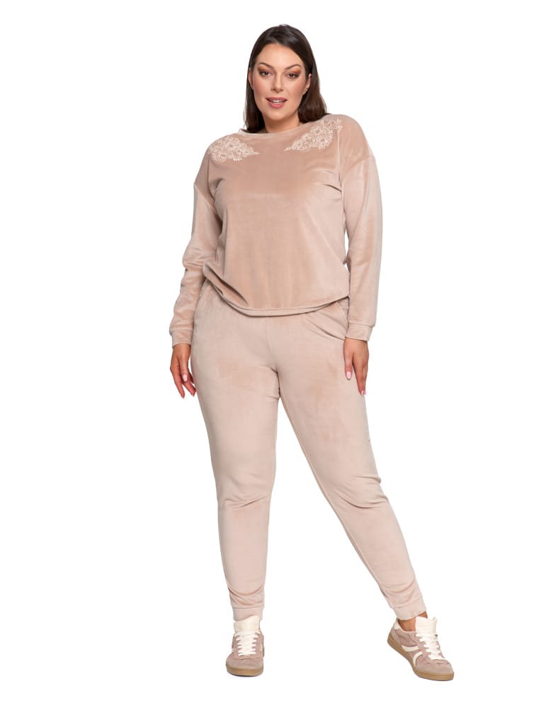 Bluzy damskie - Bluza damska welurowa bez kaptura z haftem BEŻOWY - produkt moraj.pl 1