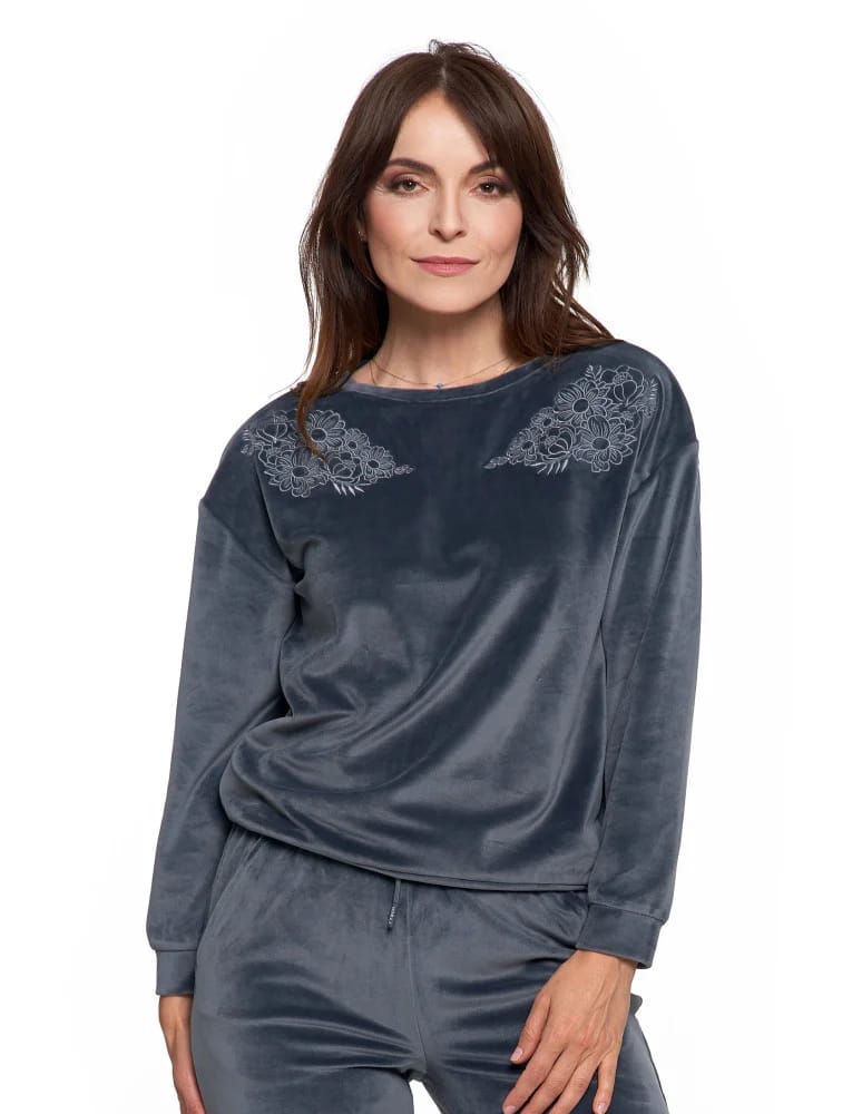 Bluzy damskie - Bluza damska welurowa bez kaptura z haftem GRAFITOWY  - produkt moraj.pl 2