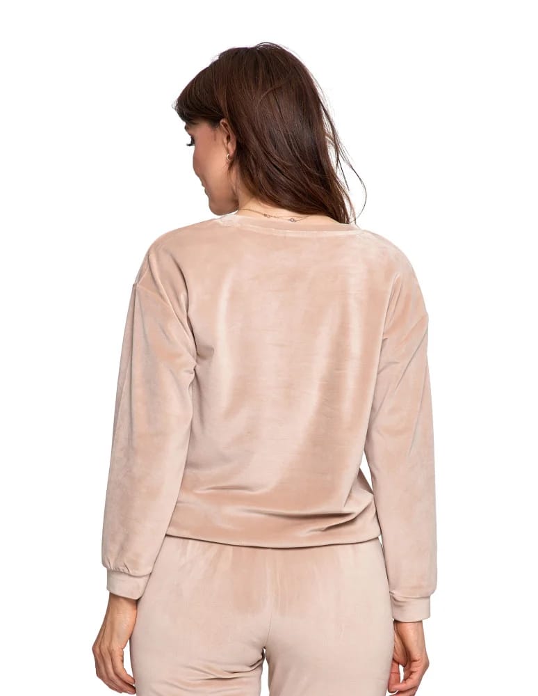 Bluzy damskie - Bluza damska welurowa bez kaptura z haftem BEŻOWY  - produkt moraj.pl 3