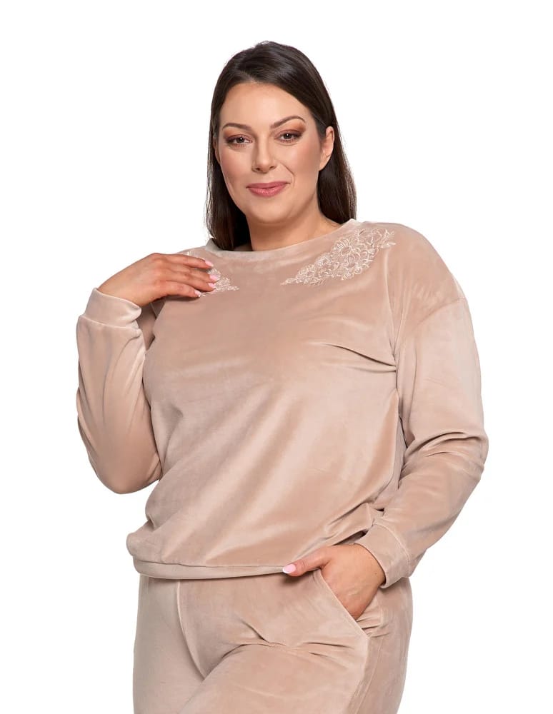 Bluzy damskie - Bluza damska welurowa bez kaptura z haftem BEŻOWY  - produkt moraj.pl 3