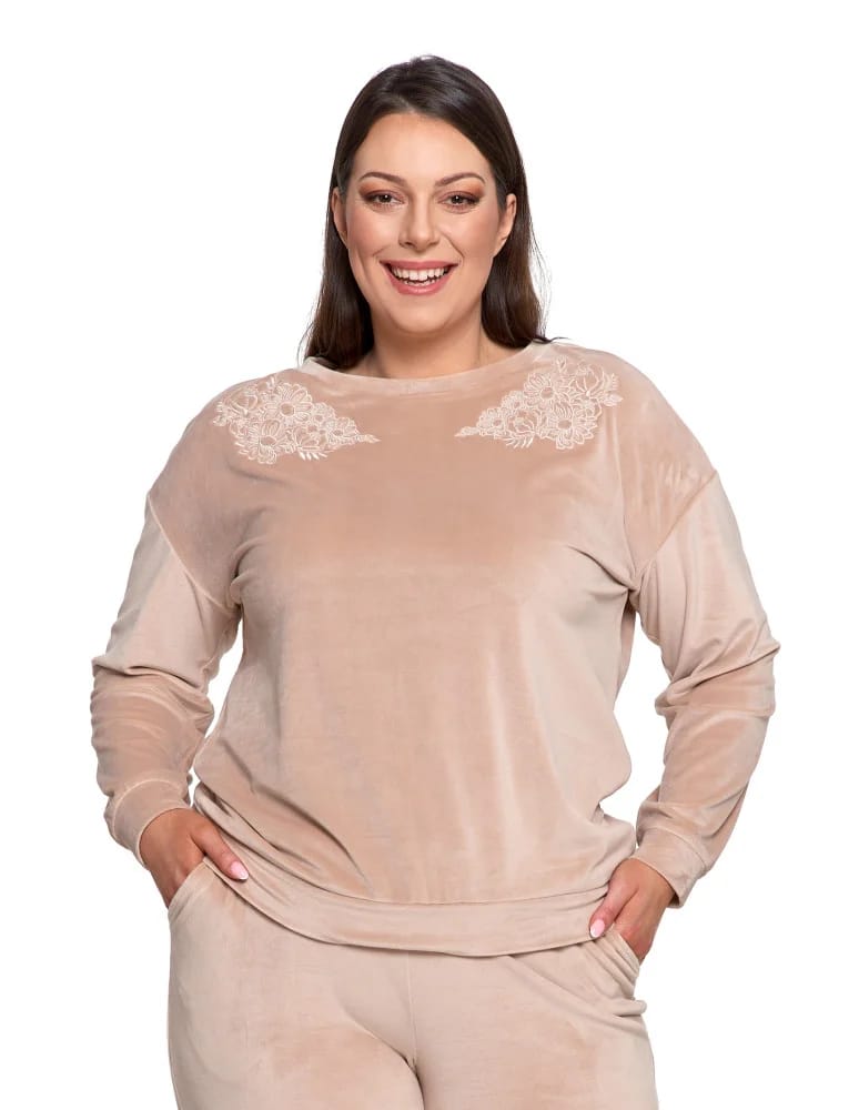 Bluzy damskie - Bluza damska welurowa bez kaptura z haftem BEŻOWY  - produkt moraj.pl 4