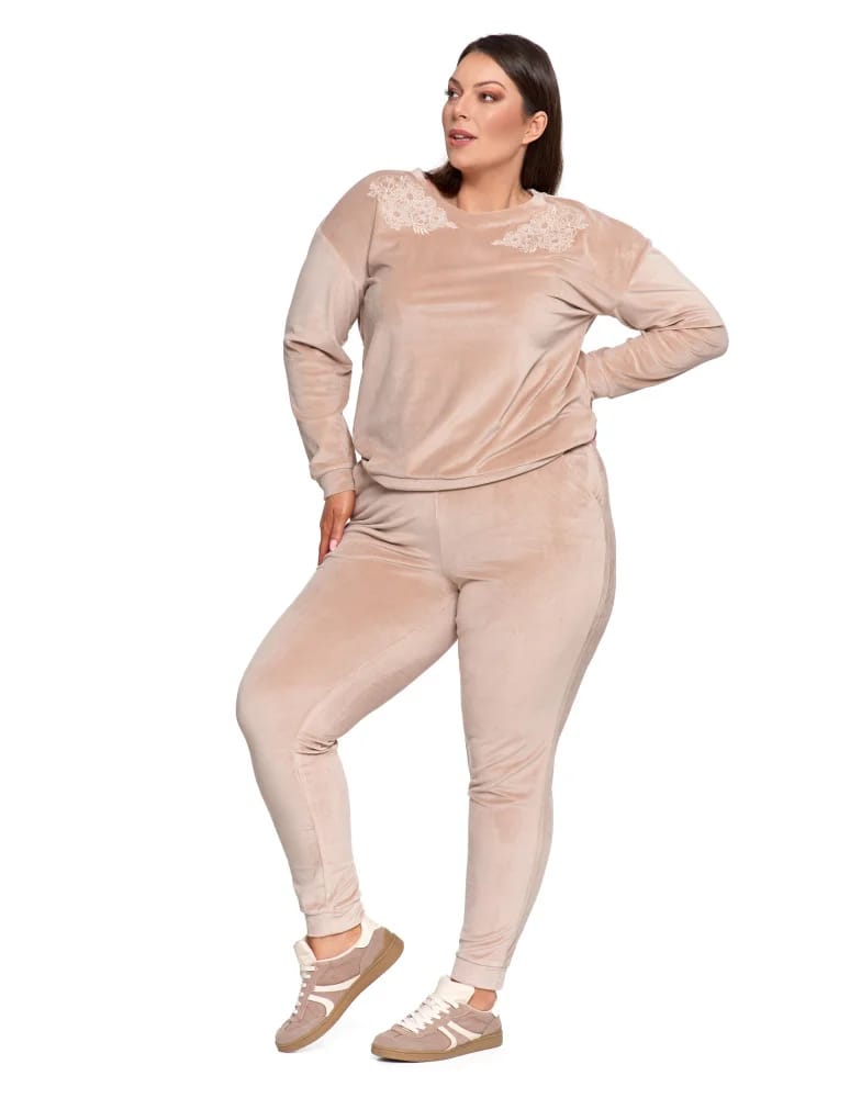 Bluzy damskie - Bluza damska welurowa bez kaptura z haftem BEŻOWY  - produkt moraj.pl 6