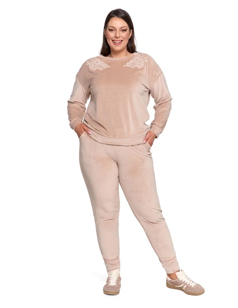 Bluzy damskie - Bluza damska welurowa bez kaptura z haftem BEŻOWY  - produkt moraj.pl 7